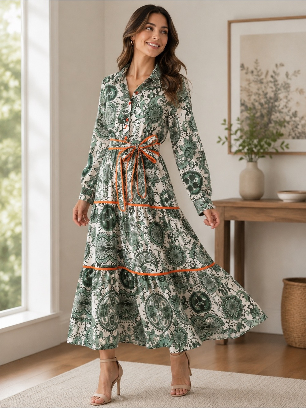 Sunday Up Green Medallion Print Tie-Waist Midi Dress Size Large